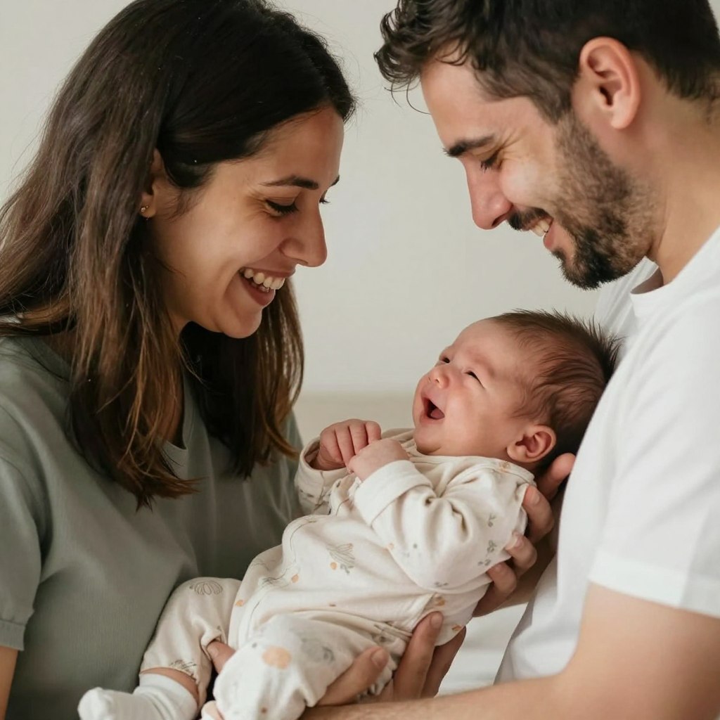 Happy family created through surrogacy holding their newborn baby Happy family created through surrogacy holding their newborn baby