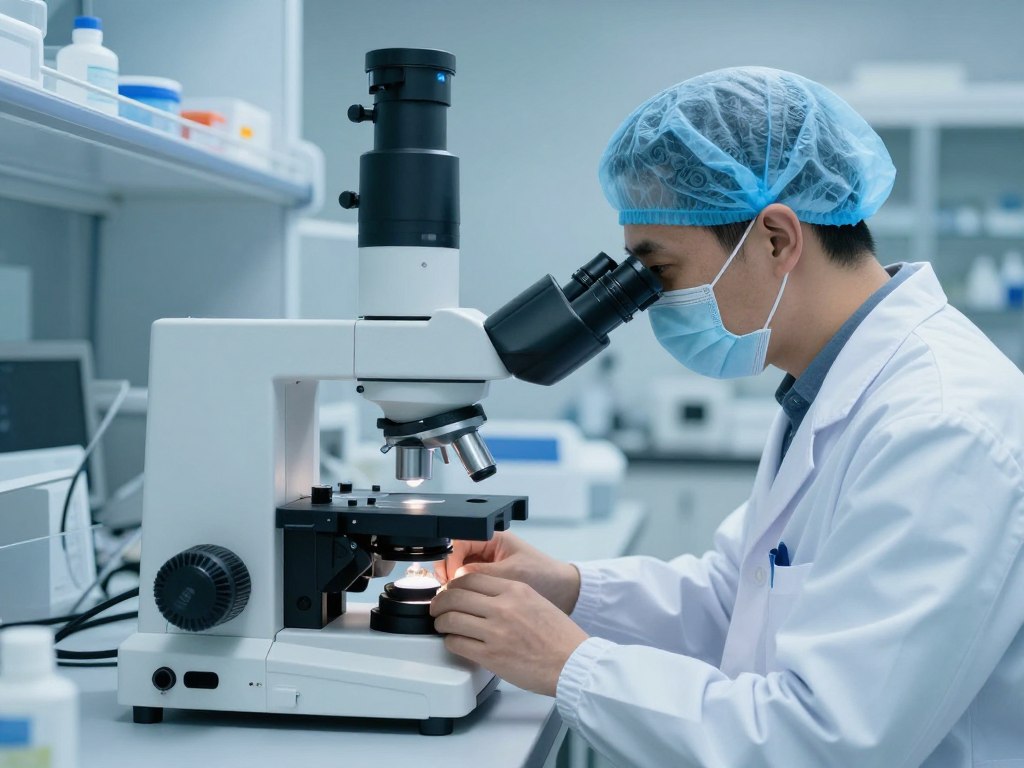 IVF laboratory with embryologist examining embryos for high IVF success rate IVF laboratory with embryologist examining embryos for high IVF success rate