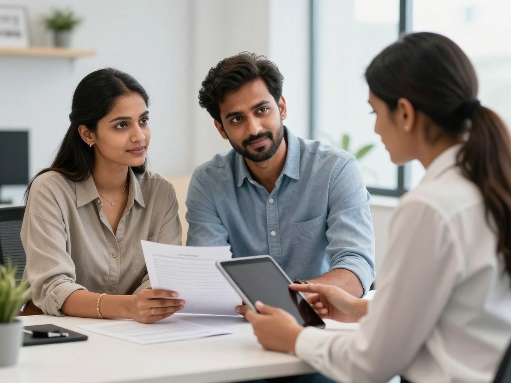 Indian couple discussing fertility services with a consultant Indian couple discussing fertility services with a consultant