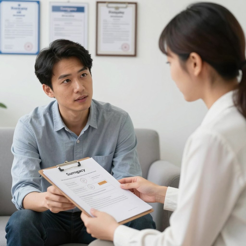 Individual considering surrogacy reviewing documents with consultant Individual considering surrogacy reviewing documents with consultant