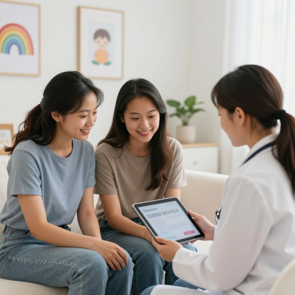 LGBTQ+ couple discussing family building options with fertility specialist LGBTQ+ couple discussing family building options with fertility specialist