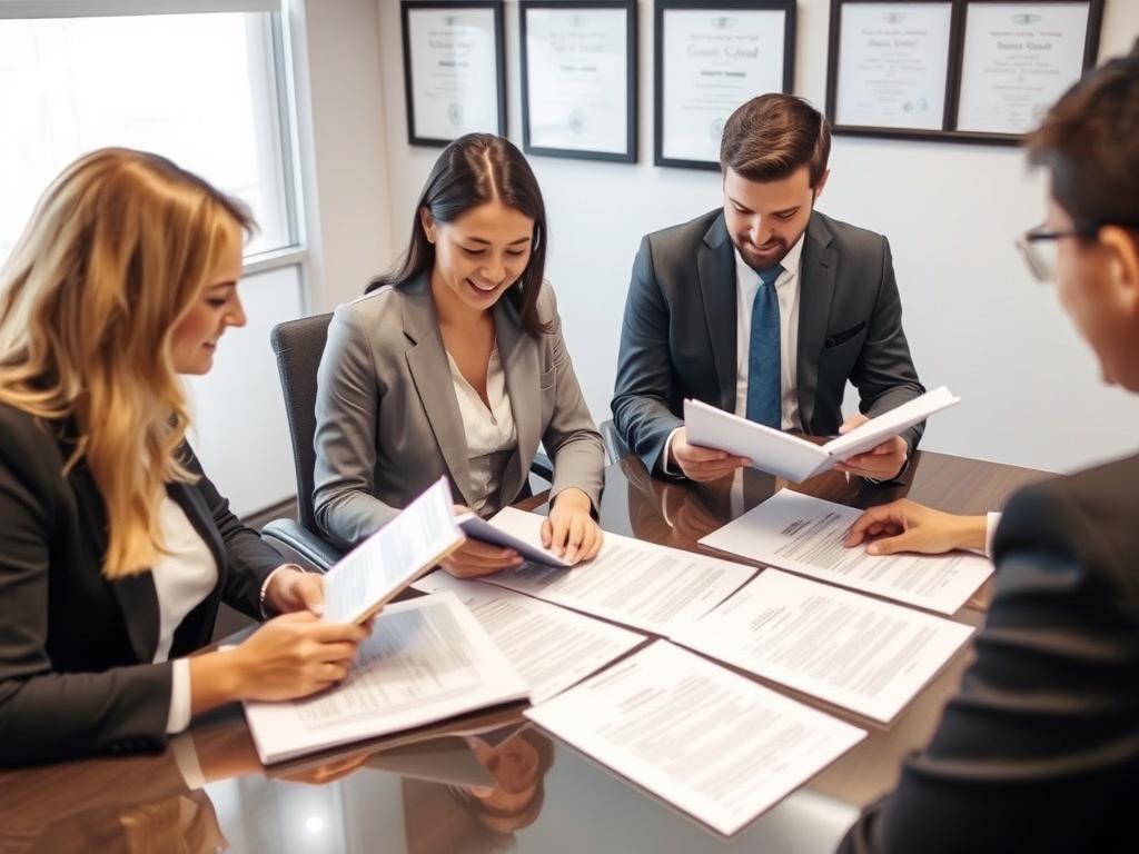 Legal professionals preparing surrogacy documentation with intended parents Legal professionals preparing surrogacy documentation with intended parents