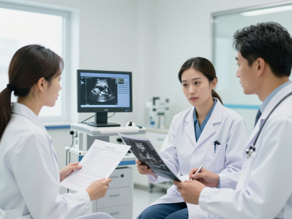 Medical professionals in a fertility clinic discussing surrogacy treatment plans Medical professionals in a fertility clinic discussing surrogacy treatment plans