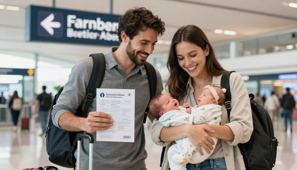 Parents with newborn at airport returning home after surrogacy in Mexico Parents with newborn at airport returning home after surrogacy in Mexico