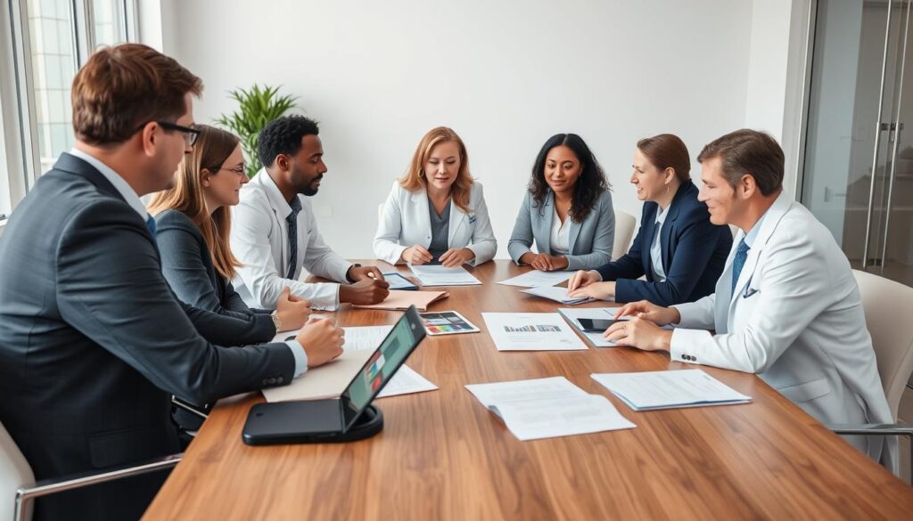 Team of legal and medical professionals collaborating on surrogacy compliance Team of legal and medical professionals collaborating on surrogacy compliance