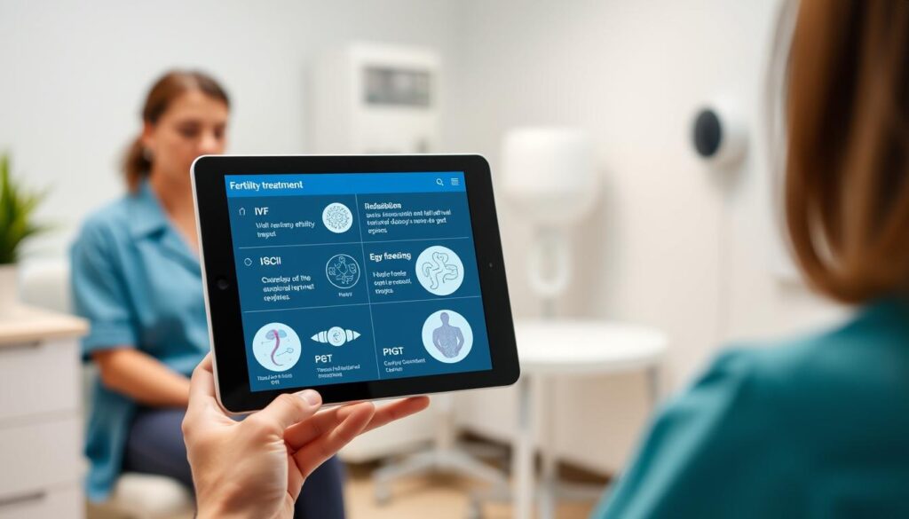 Various fertility treatment options displayed on medical consultation screen Various fertility treatment options displayed on medical consultation screen