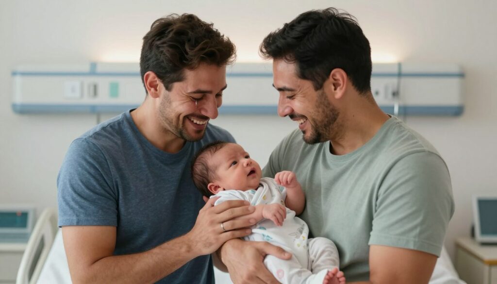 Gay couple holding their newborn baby born through surrogacy in Colombia Gay couple holding their newborn baby born through surrogacy in Colombia