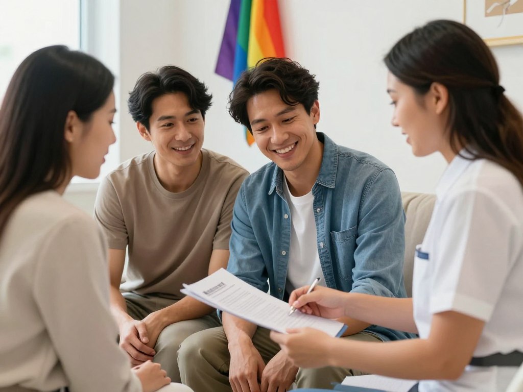 Happy gay couple consulting with surrogacy coordinator in welcoming Mexican clinic Happy gay couple consulting with surrogacy coordinator in welcoming Mexican clinic
