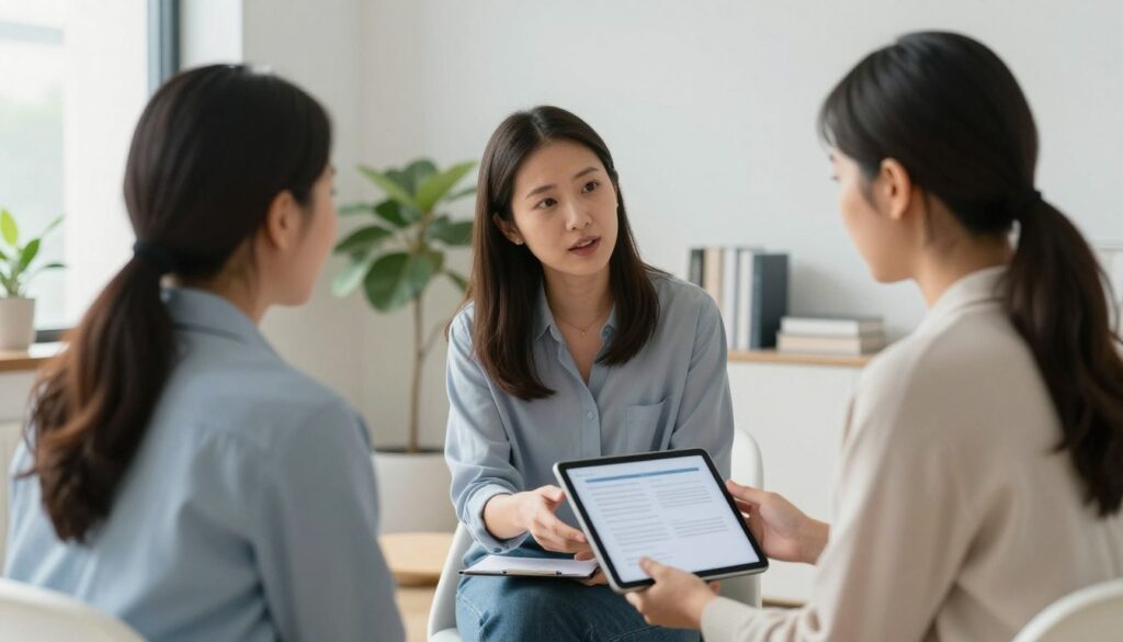 Intended parents receiving answers to surrogacy questions from consultant Intended parents receiving answers to surrogacy questions from consultant