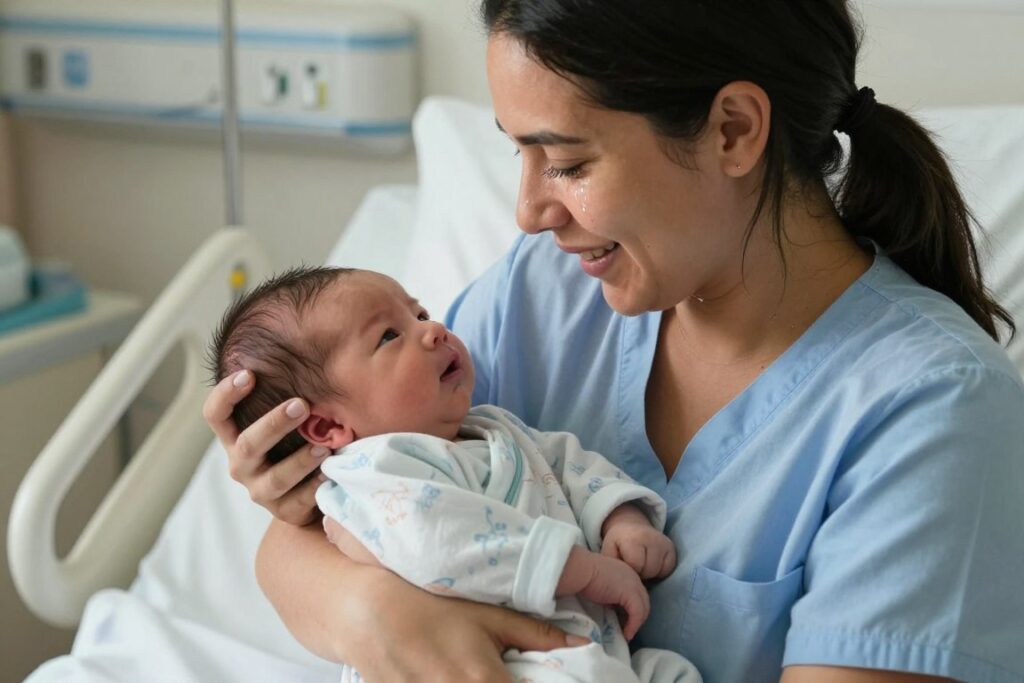 Single parent holding newborn baby born through surrogacy in Colombia Single parent holding newborn baby born through surrogacy in Colombia