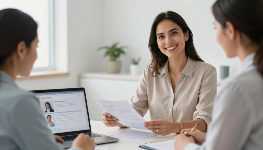 Single woman meeting with surrogacy consultant reviewing cost options and family building plans Single woman meeting with surrogacy consultant reviewing cost options and family building plans