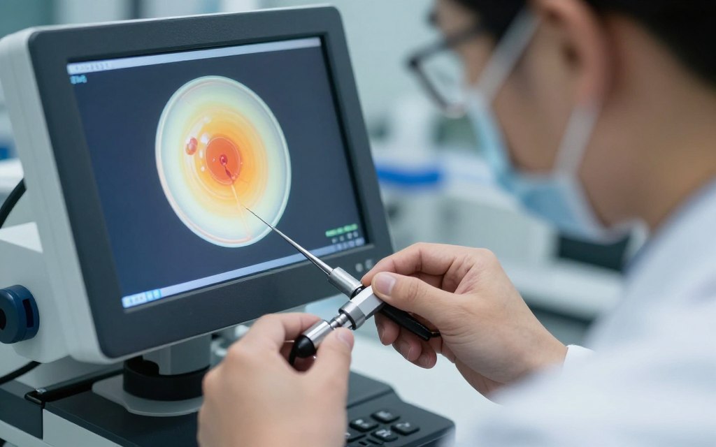 Embryologist performing fertilization procedure Embryologist performing fertilization procedure