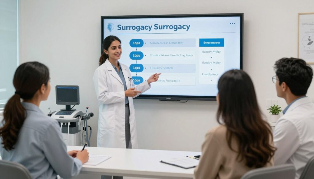 Fertility doctor explaining surrogacy process timeline to NRI couple using digital presentation Fertility doctor explaining surrogacy process timeline to NRI couple using digital presentation