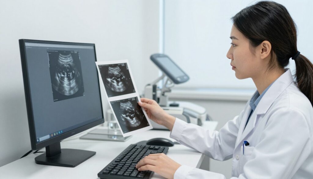 Fertility specialist examining ultrasound results in modern consultation room Fertility specialist examining ultrasound results in modern consultation room