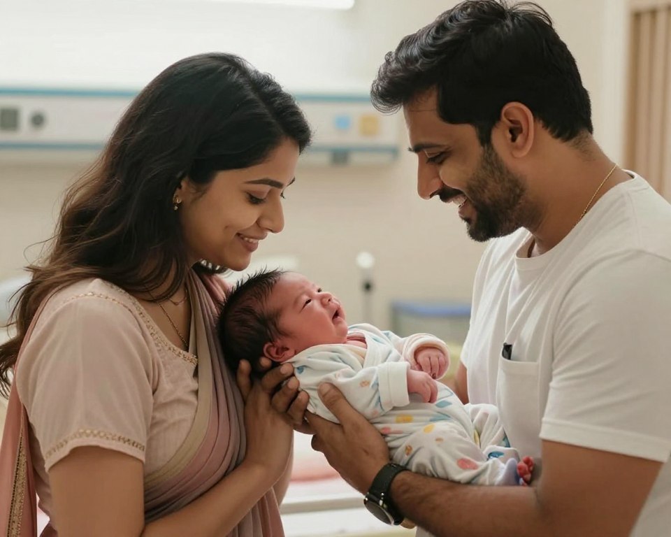 Happy NRI couple holding newborn baby after successful surrogacy in Mumbai Happy NRI couple holding newborn baby after successful surrogacy in Mumbai