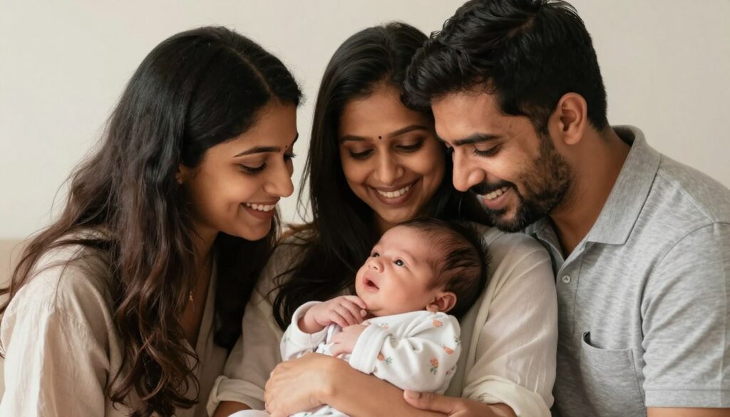 Happy NRI family with baby born through surrogacy in Mumbai celebrating their success Happy NRI family with baby born through surrogacy in Mumbai celebrating their success