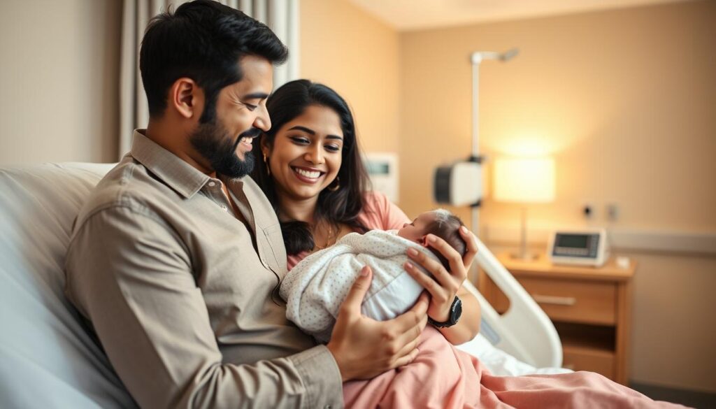 Happy OCI couple holding their newborn baby after successful surrogacy Happy OCI couple holding their newborn baby after successful surrogacy