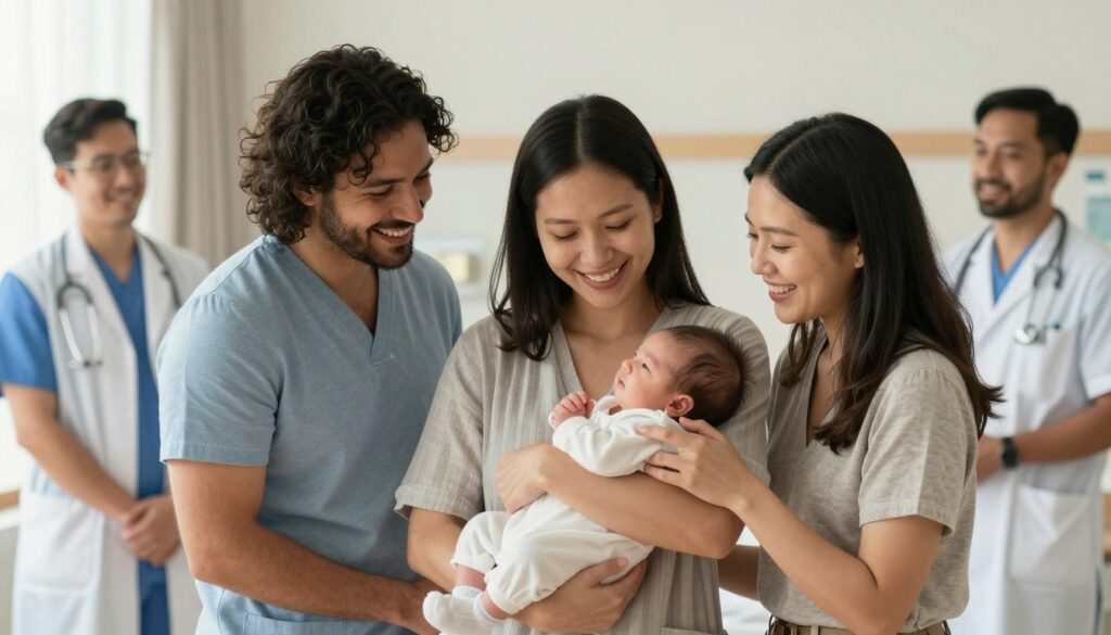 Happy family with baby born through surrogacy celebrating success Happy family with baby born through surrogacy celebrating success
