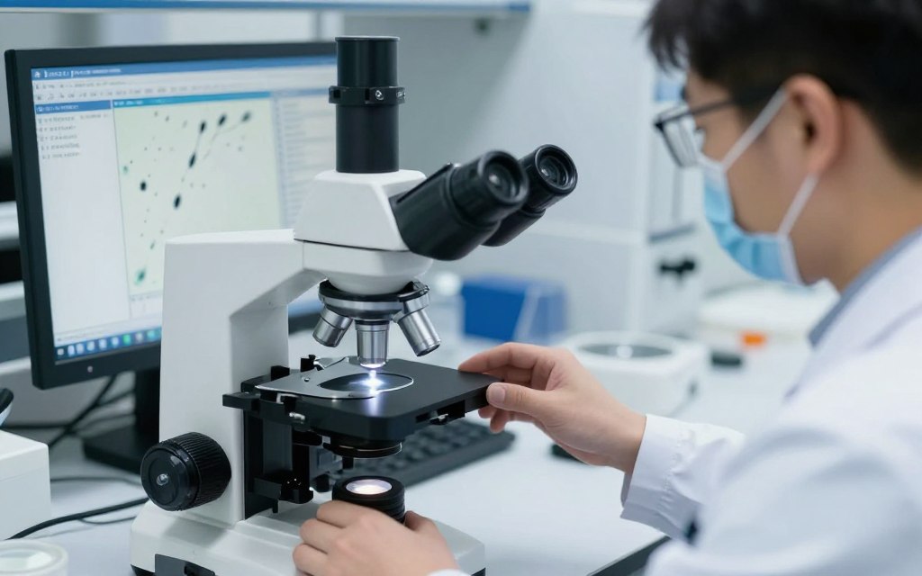 Laboratory technician performing semen analysis Laboratory technician performing semen analysis