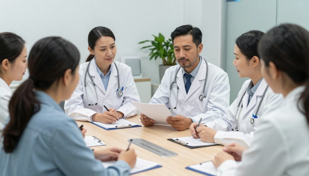 Medical team reviewing surrogacy treatment plan with intended parents Medical team reviewing surrogacy treatment plan with intended parents