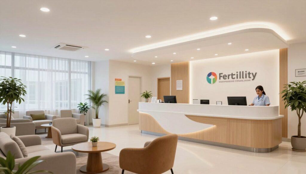 Modern fertility clinic reception and waiting area in Mumbai with international patients Modern fertility clinic reception and waiting area in Mumbai with international patients
