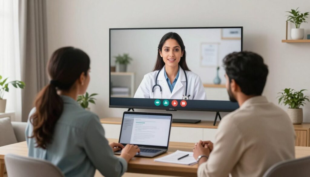 NRI couple having video consultation with Mumbai fertility specialist from their home NRI couple having video consultation with Mumbai fertility specialist from their home