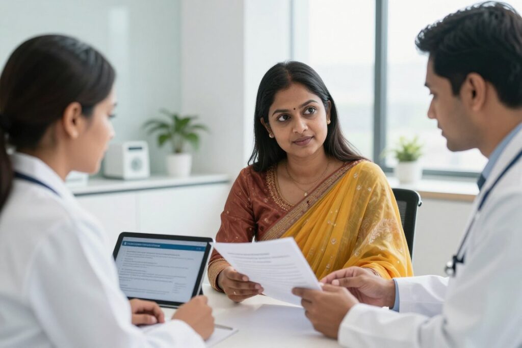 NRI couple reviewing surrogacy documentation with specialist NRI couple reviewing surrogacy documentation with specialist