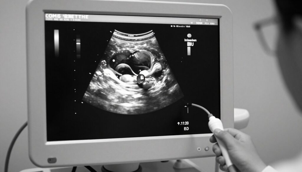 Ultrasound showing embryo transfer procedure Ultrasound showing embryo transfer procedure