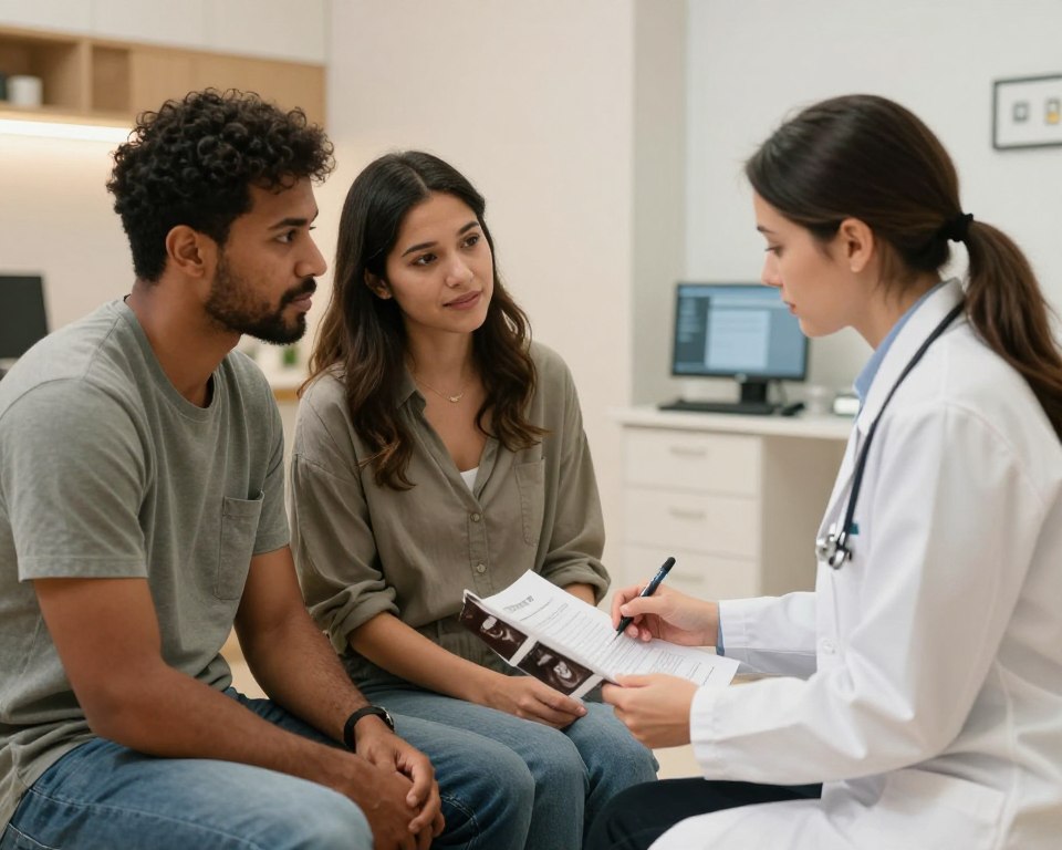 Couple consulting with fertility doctor about embryo transfer decisions Couple consulting with fertility doctor about embryo transfer decisions