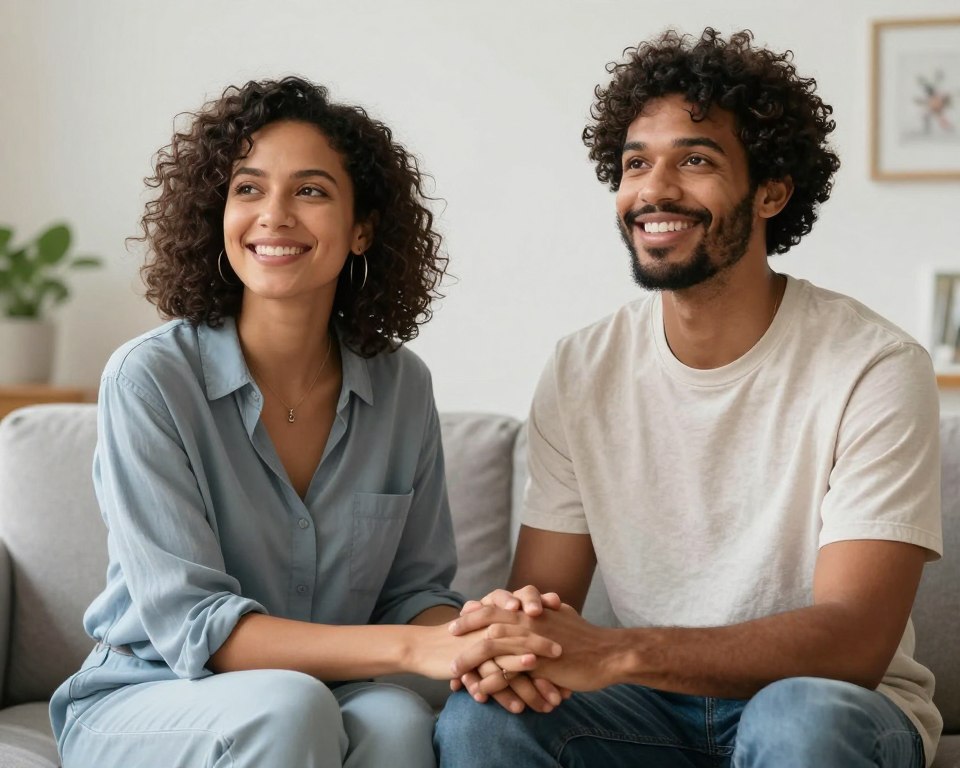 Happy couple holding hands discussing IVF treatment decisions with hope Happy couple holding hands discussing IVF treatment decisions with hope