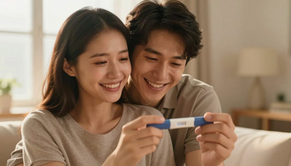 Hopeful couple holding positive pregnancy test after successful fertility treatment Hopeful couple holding positive pregnancy test after successful fertility treatment