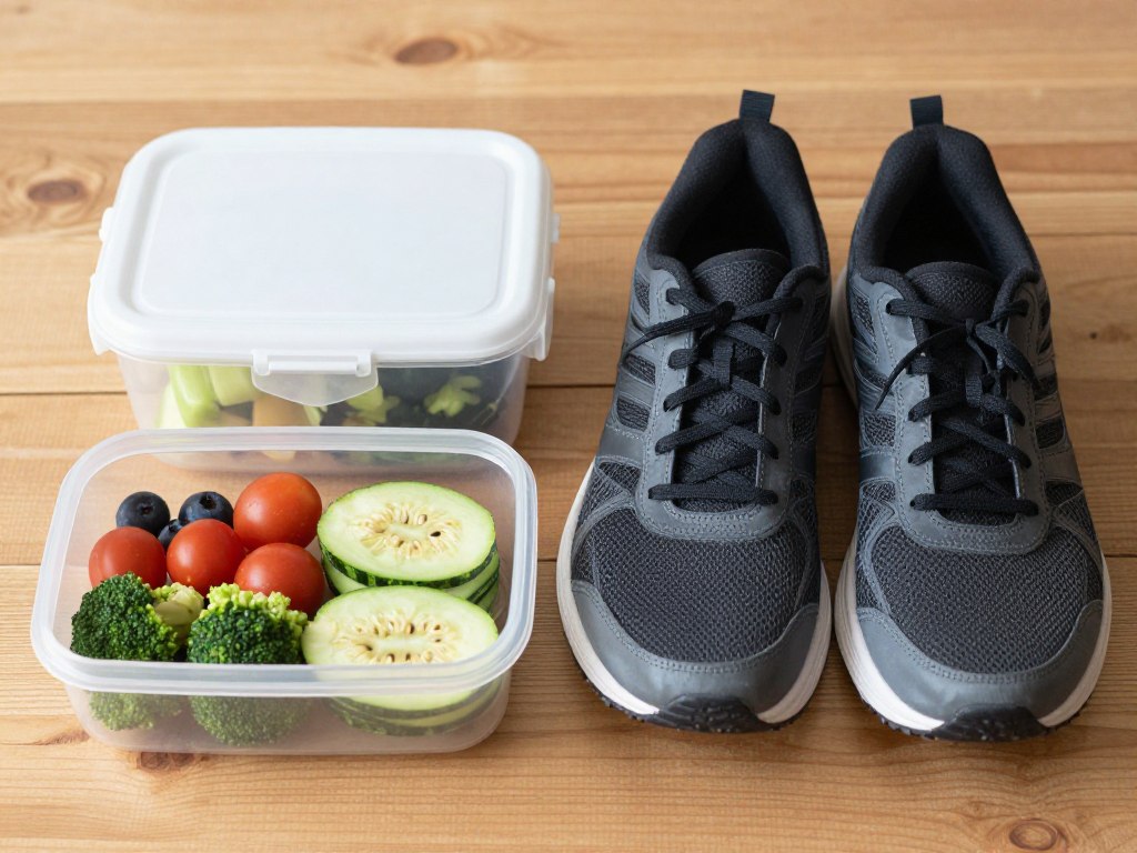 healthy meal prep and workout shoes showing balanced lifestyle healthy meal prep and workout shoes showing balanced lifestyle