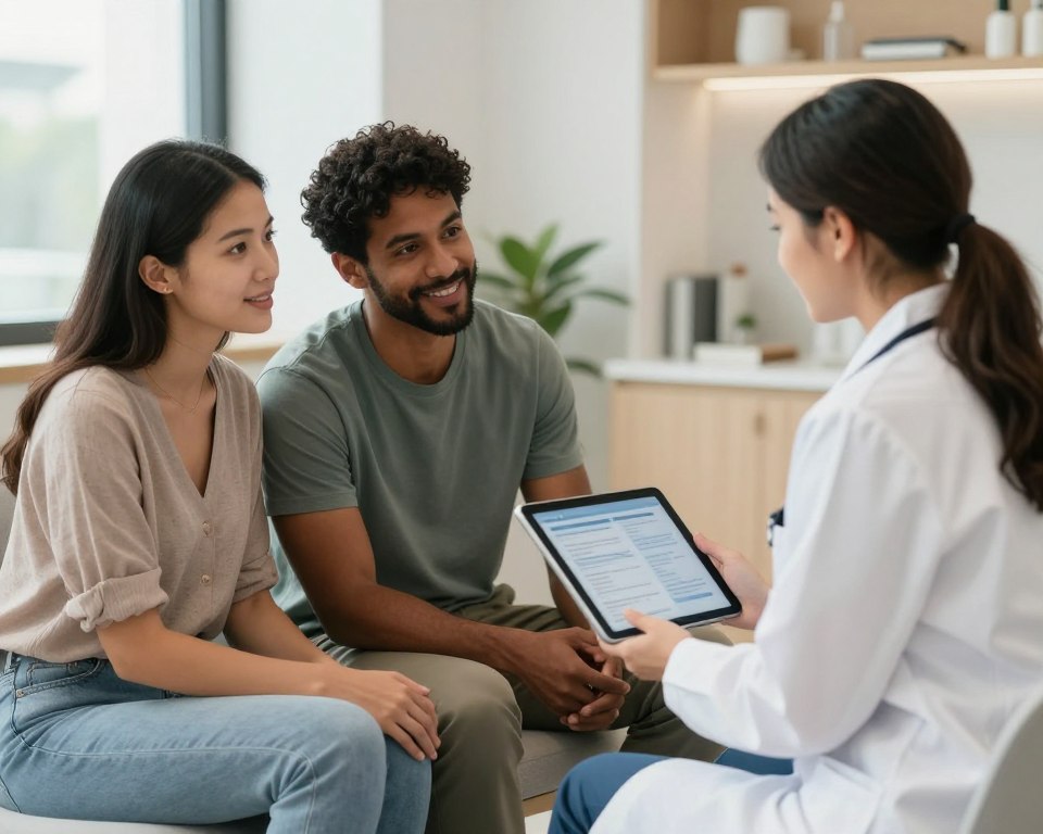 Couples consulting with fertility specialist in modern clinic Couples consulting with fertility specialist in modern clinic