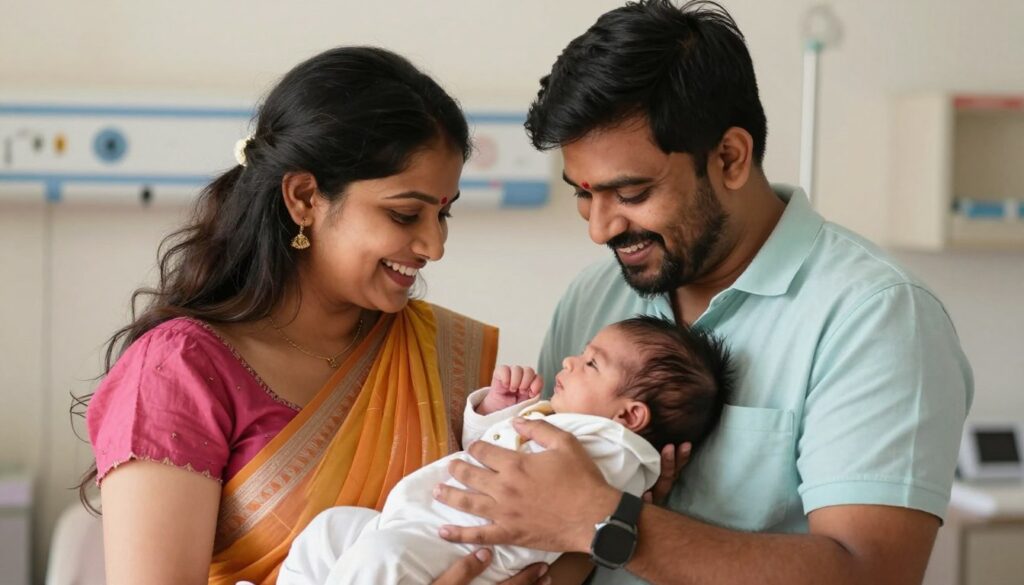Happy couple holding newborn baby after successful IVF treatment Happy couple holding newborn baby after successful IVF treatment