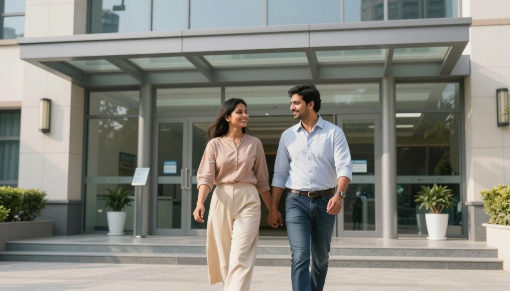 Hopeful couple walking toward fertility clinic entrance, beginning their journey Hopeful couple walking toward fertility clinic entrance, beginning their journey