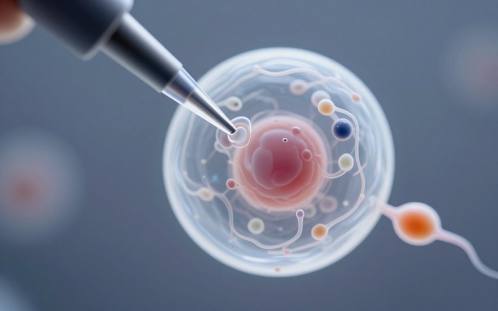 ICSI procedure showing single sperm injection into egg under microscope ICSI procedure showing single sperm injection into egg under microscope