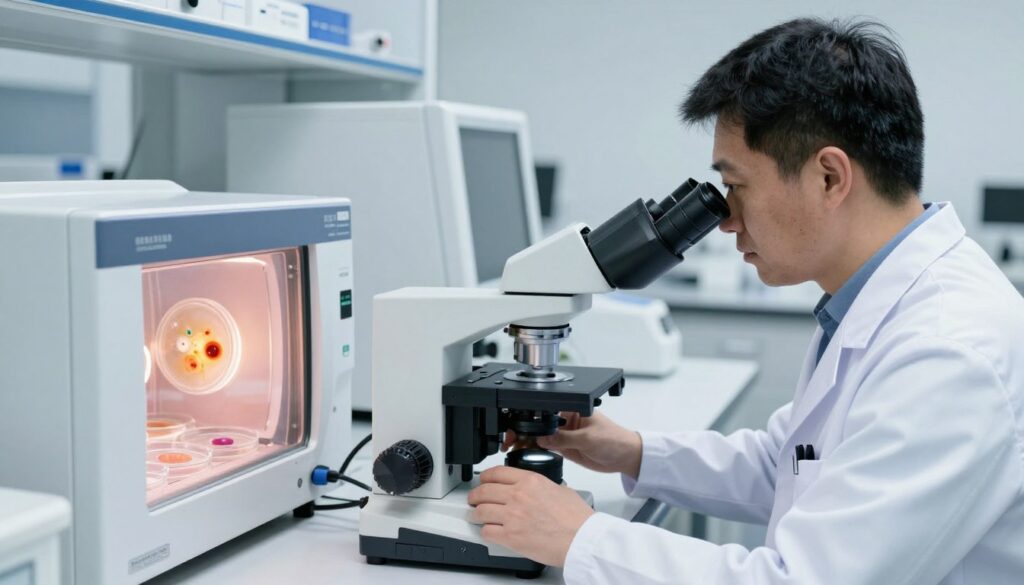 IVF laboratory showing embryologist working with microscope and incubator IVF laboratory showing embryologist working with microscope and incubator