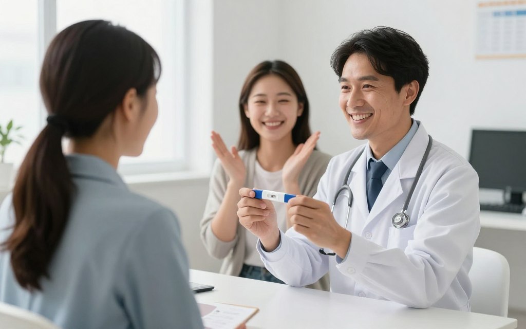 Medical team congratulating couple on positive pregnancy test Medical team congratulating couple on positive pregnancy test