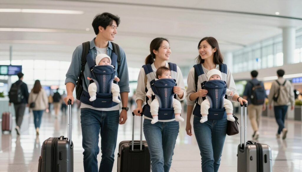 Happy family at airport departing with newborn baby after international surrogacy Happy family at airport departing with newborn baby after international surrogacy