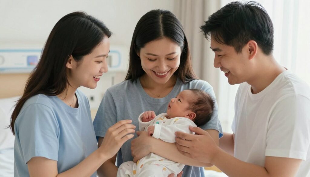 Happy parents holding newborn baby after successful international surrogacy journey Happy parents holding newborn baby after successful international surrogacy journey
