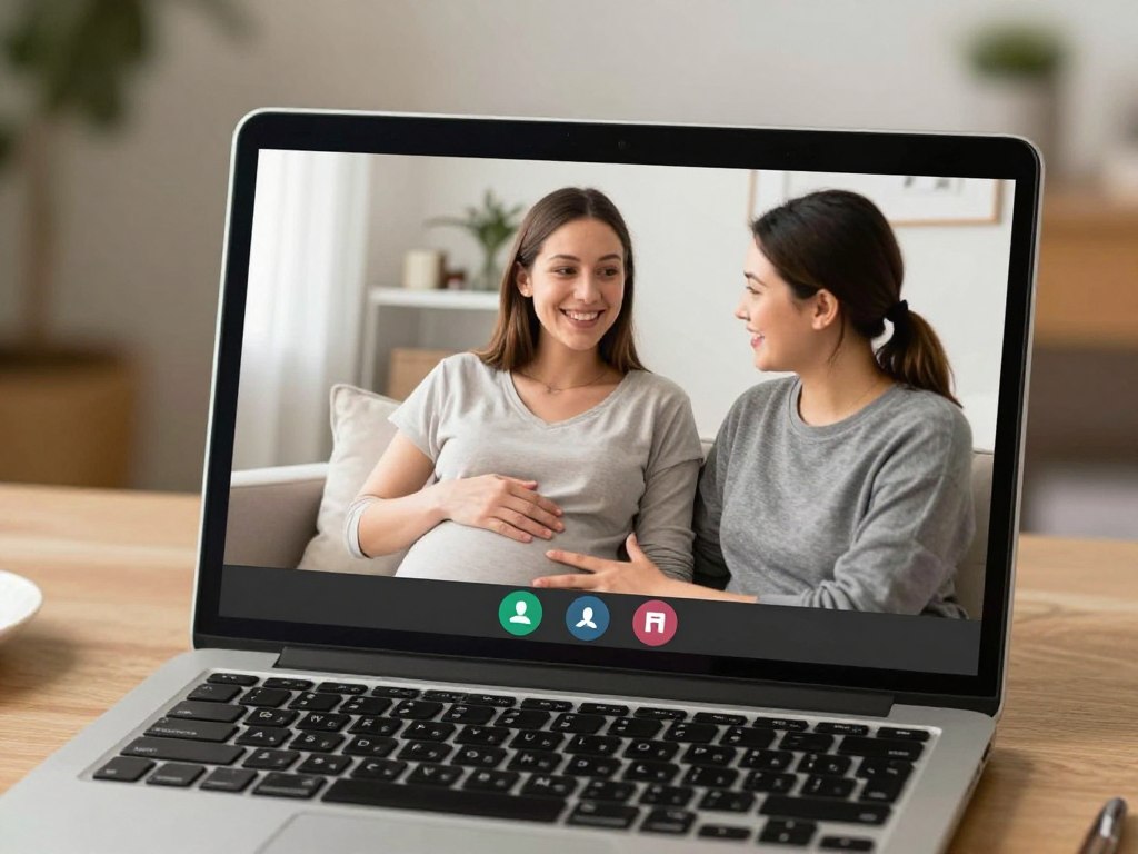 Intended parents attending virtual pregnancy update call with surrogate Intended parents attending virtual pregnancy update call with surrogate