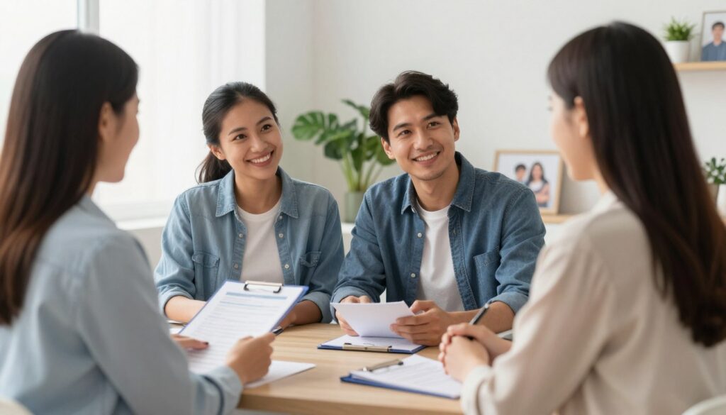 Intended parents meeting with surrogacy consultant in professional office setting Intended parents meeting with surrogacy consultant in professional office setting