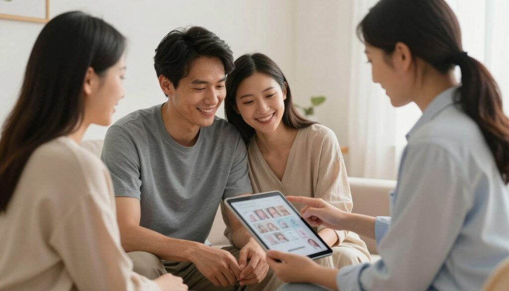 Intended parents reviewing surrogate profiles with agency coordinator Intended parents reviewing surrogate profiles with agency coordinator
