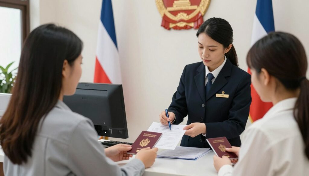 Parents at embassy or consulate completing paperwork for newborn passport Parents at embassy or consulate completing paperwork for newborn passport