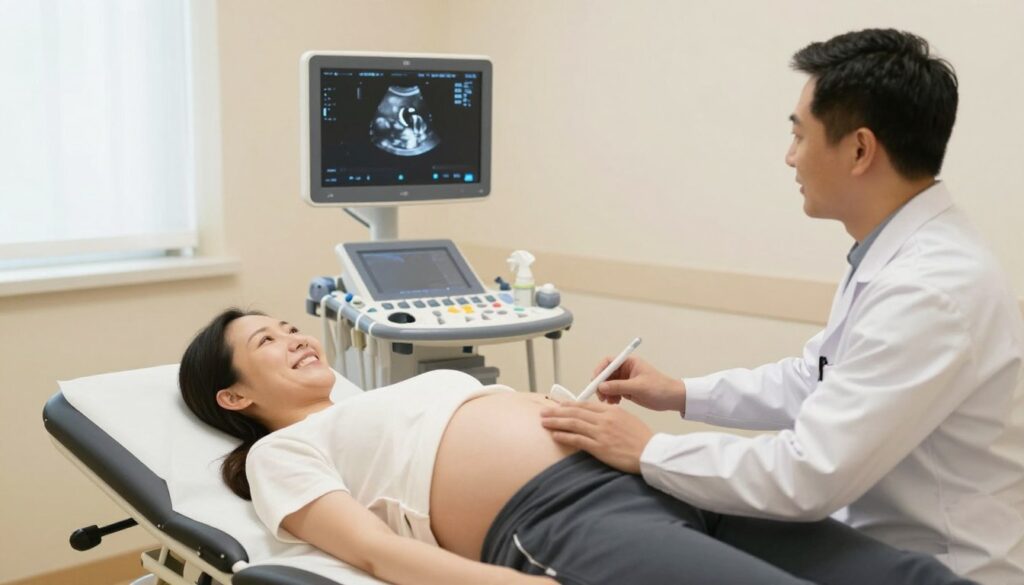 Surrogate mother at ultrasound appointment with medical professional Surrogate mother at ultrasound appointment with medical professional